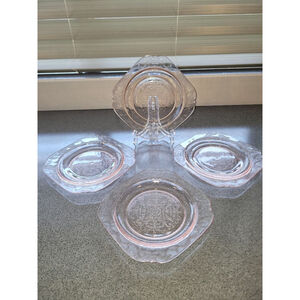 Set of 4 Vintage KIG Pink Depression Glass Plates Fleur De Lis Trellis Pattern